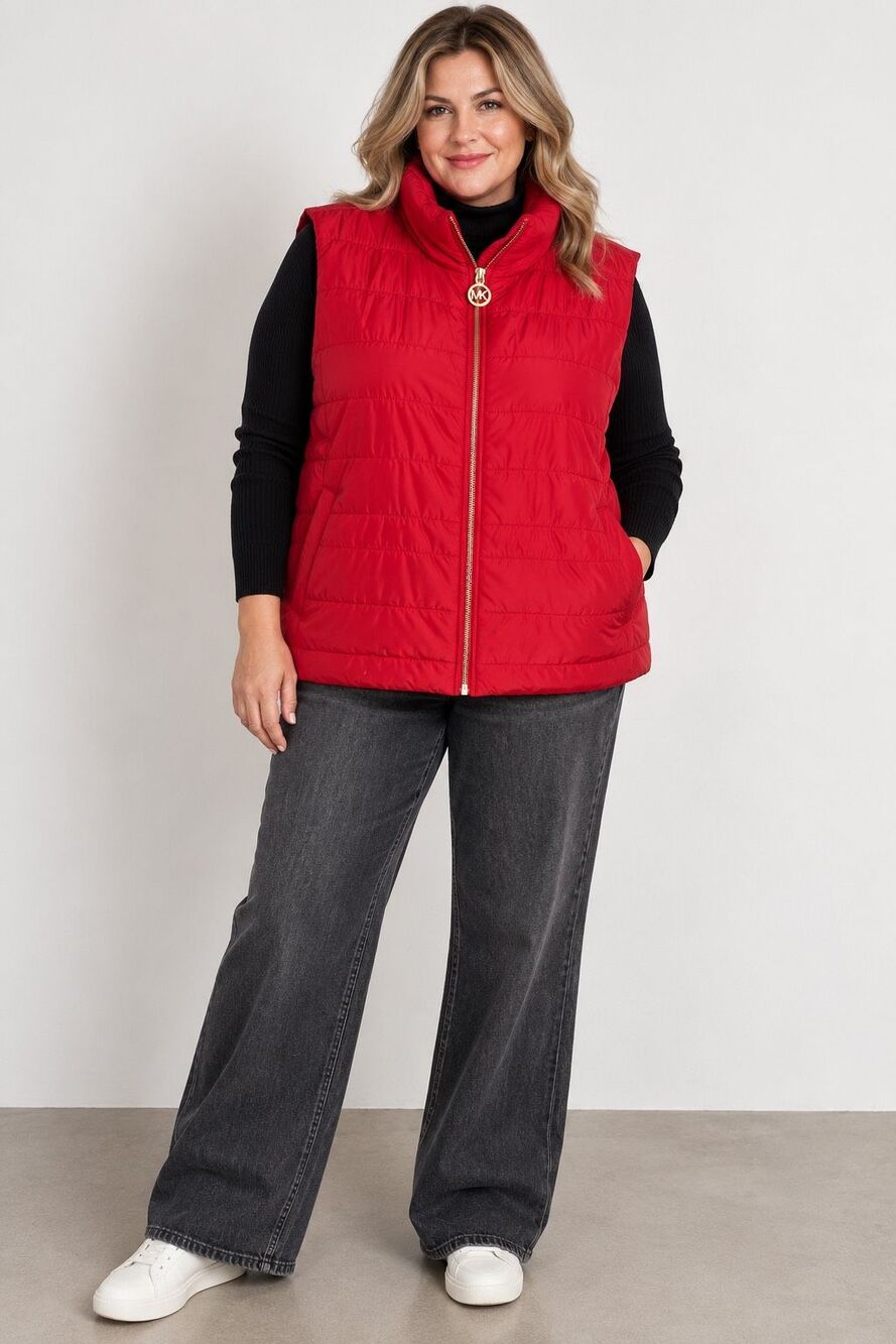 Michael Kors Red Quilted Puffer Vest Gold MK Zipper 3X